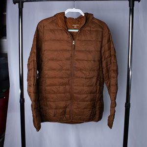 mazon Essentials Puffer Jacket Mens Large Brown Full Zip Hooded Insulated